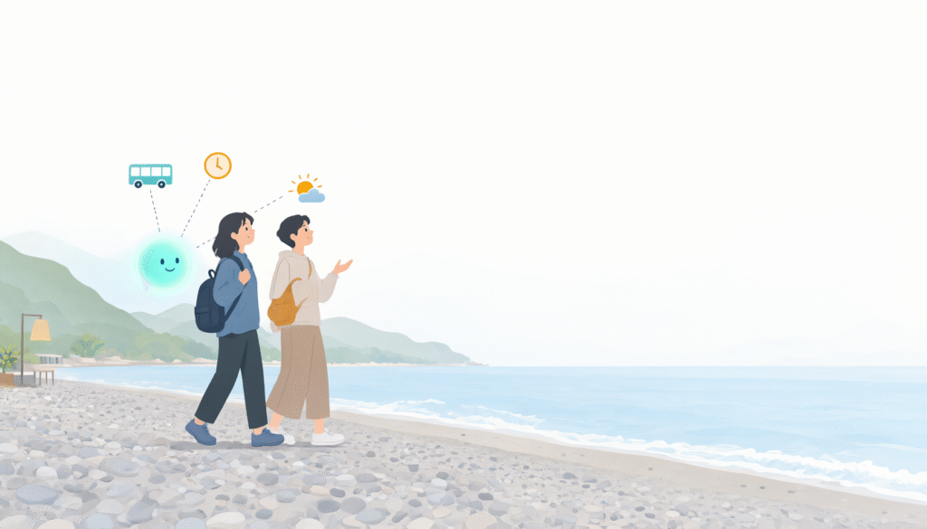 一對中年旅人背著背包走在花蓮的礫石海灘上，身旁的 AI 助理光球連到公車、時鐘和天氣的小圖示