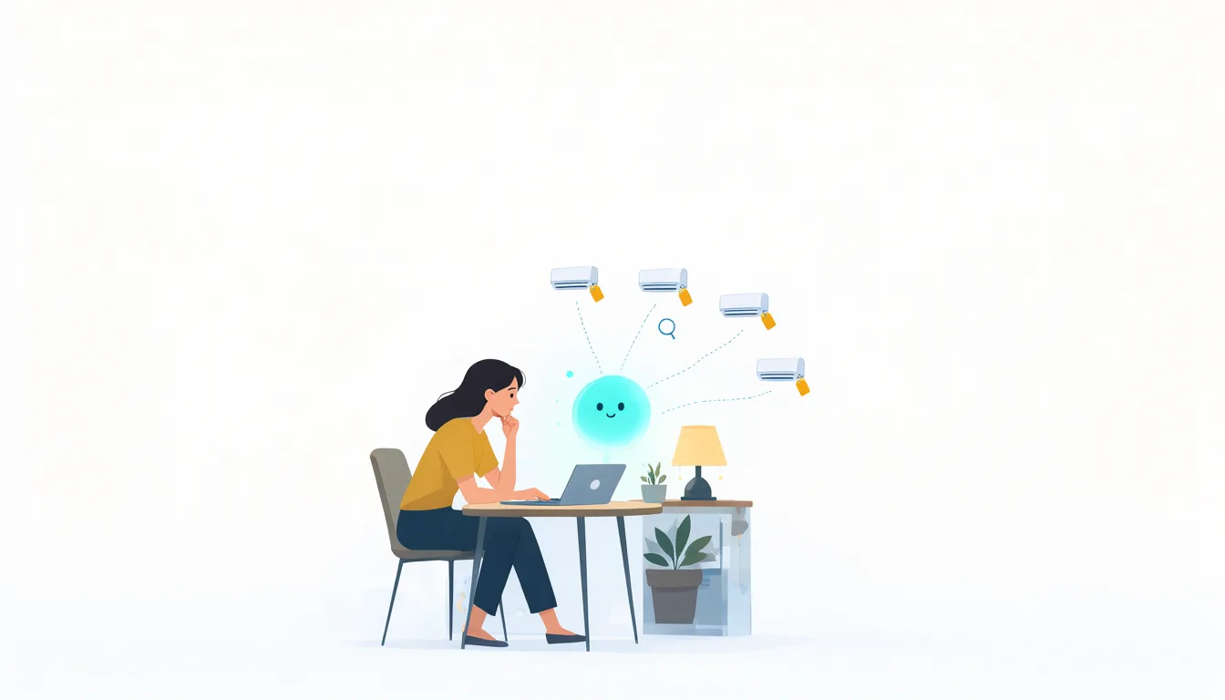 一位女生晚上坐在餐桌前看著筆電，AI 光球在螢幕上方幫她比較三台冷氣的價格