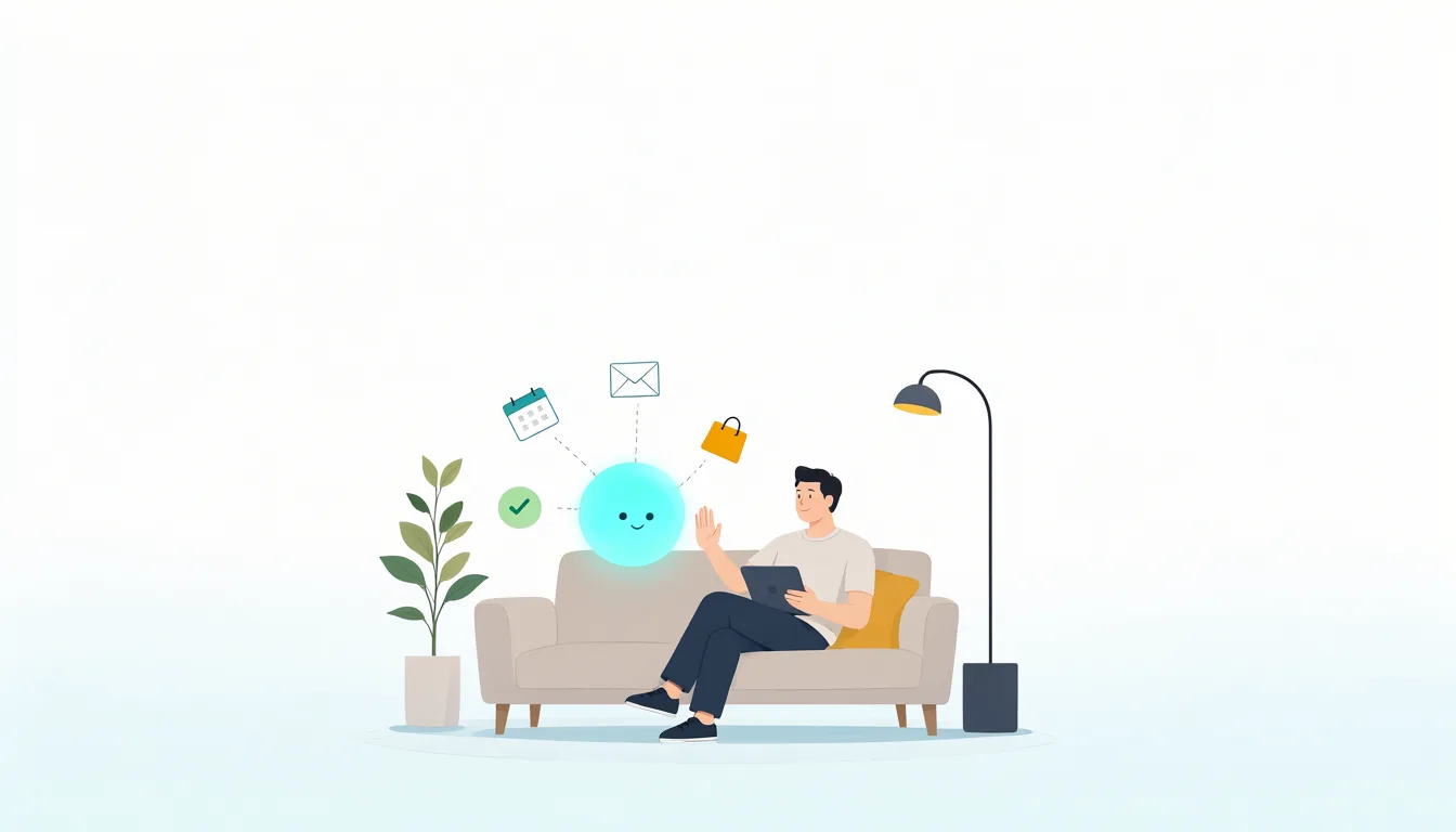 坐在客廳沙發上的人拿著平板，舉手示意先等一下，面前的 AI 光球正忙著處理行事曆、信件、購物袋，還有一個等他按的確認鈕