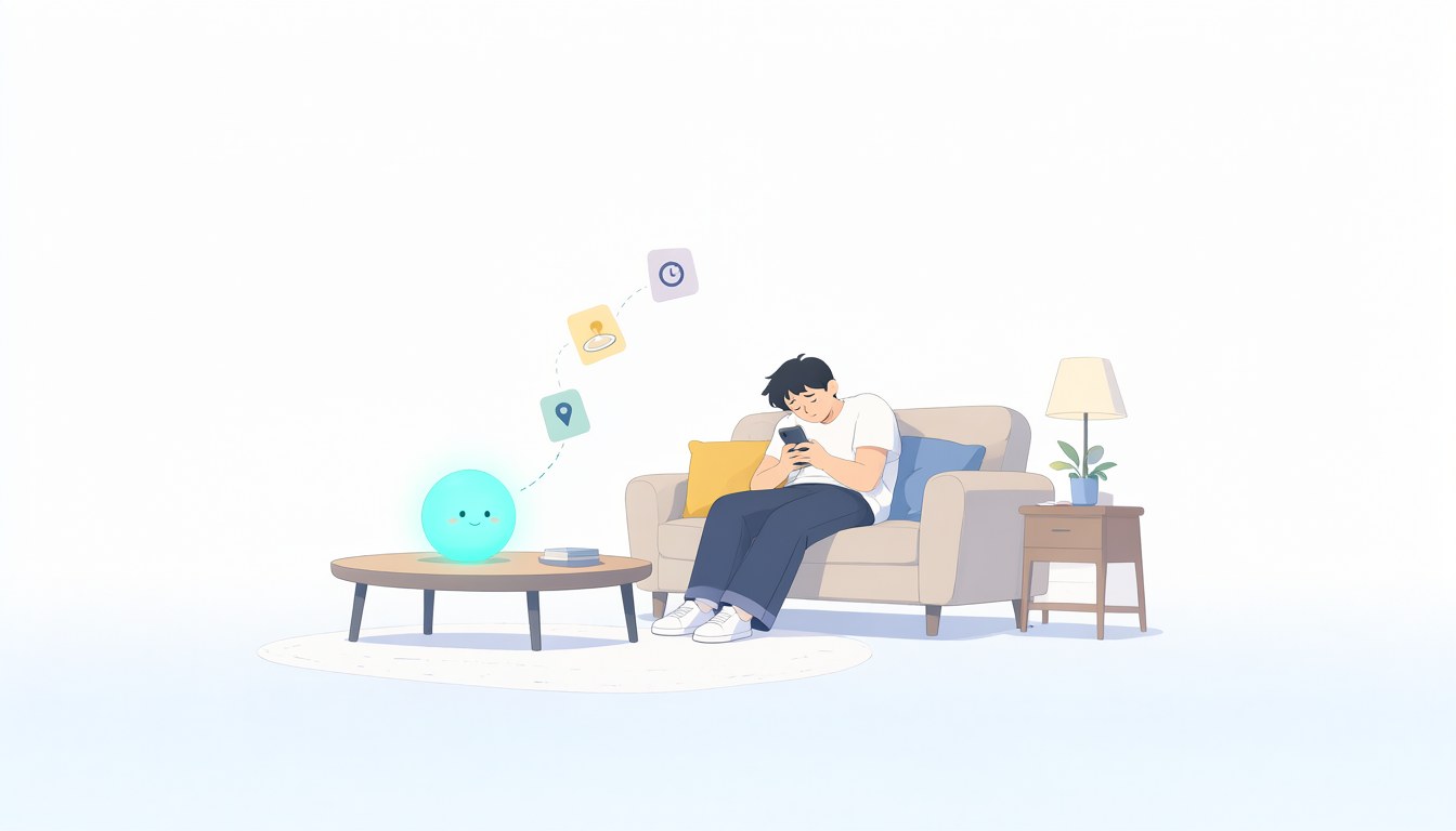 晚上窩在沙發滑手機找餐廳的人，一旁桌上的 AI 助理安靜等著幫忙，上方飄著時鐘、餐點、地圖的小圖示